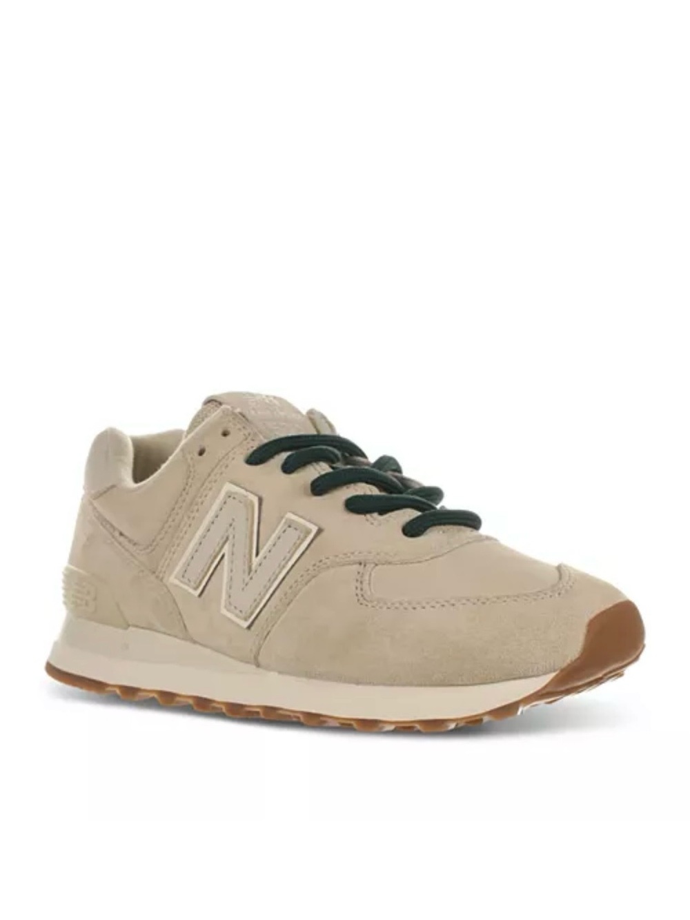 New Balance 574 Beige Suede Sneaker with Dark Green Laces